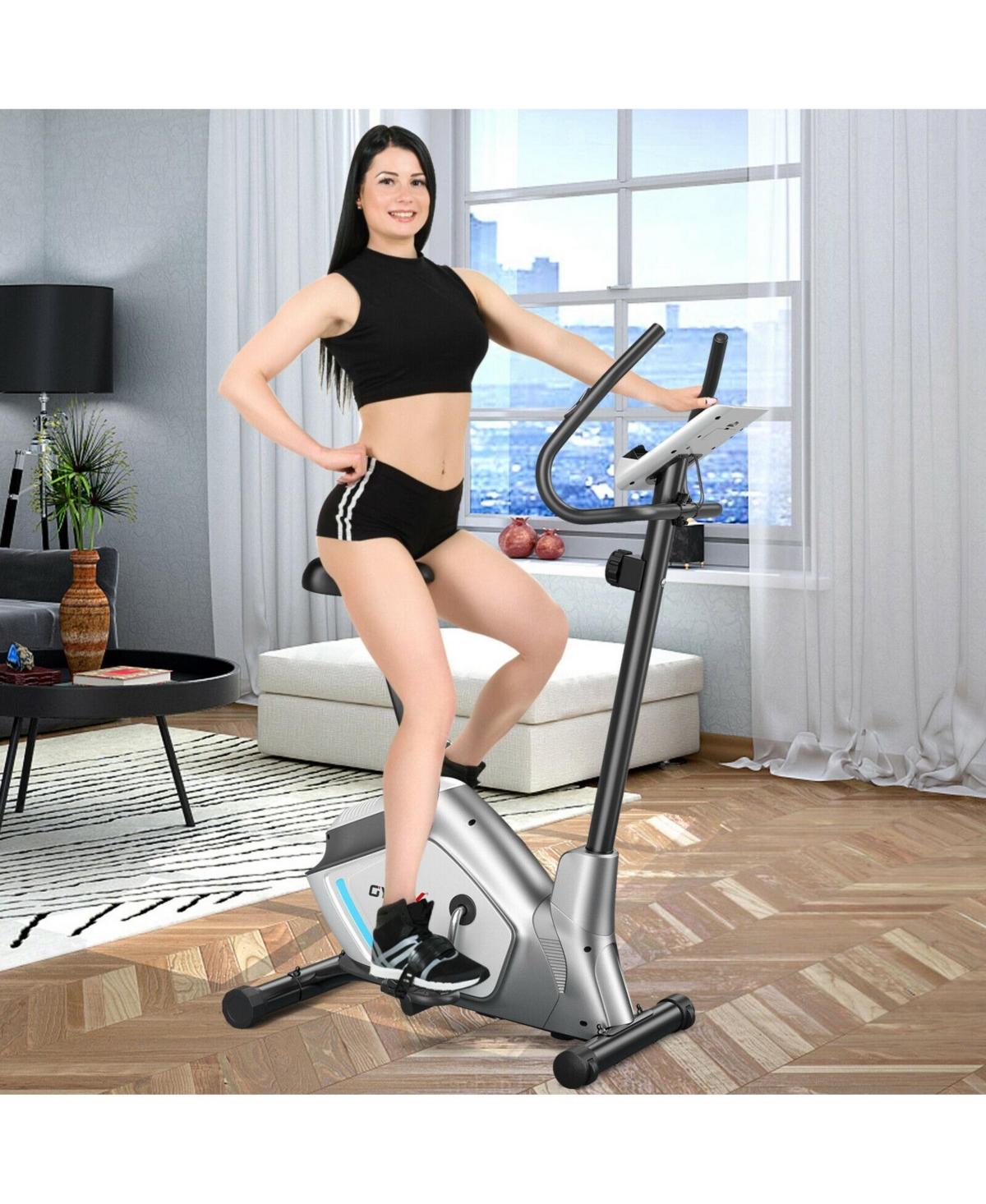 Slickblue Magnetic Stationary Upright Exercise Bike with Lcd Monitor and Pulse Sensor - grey