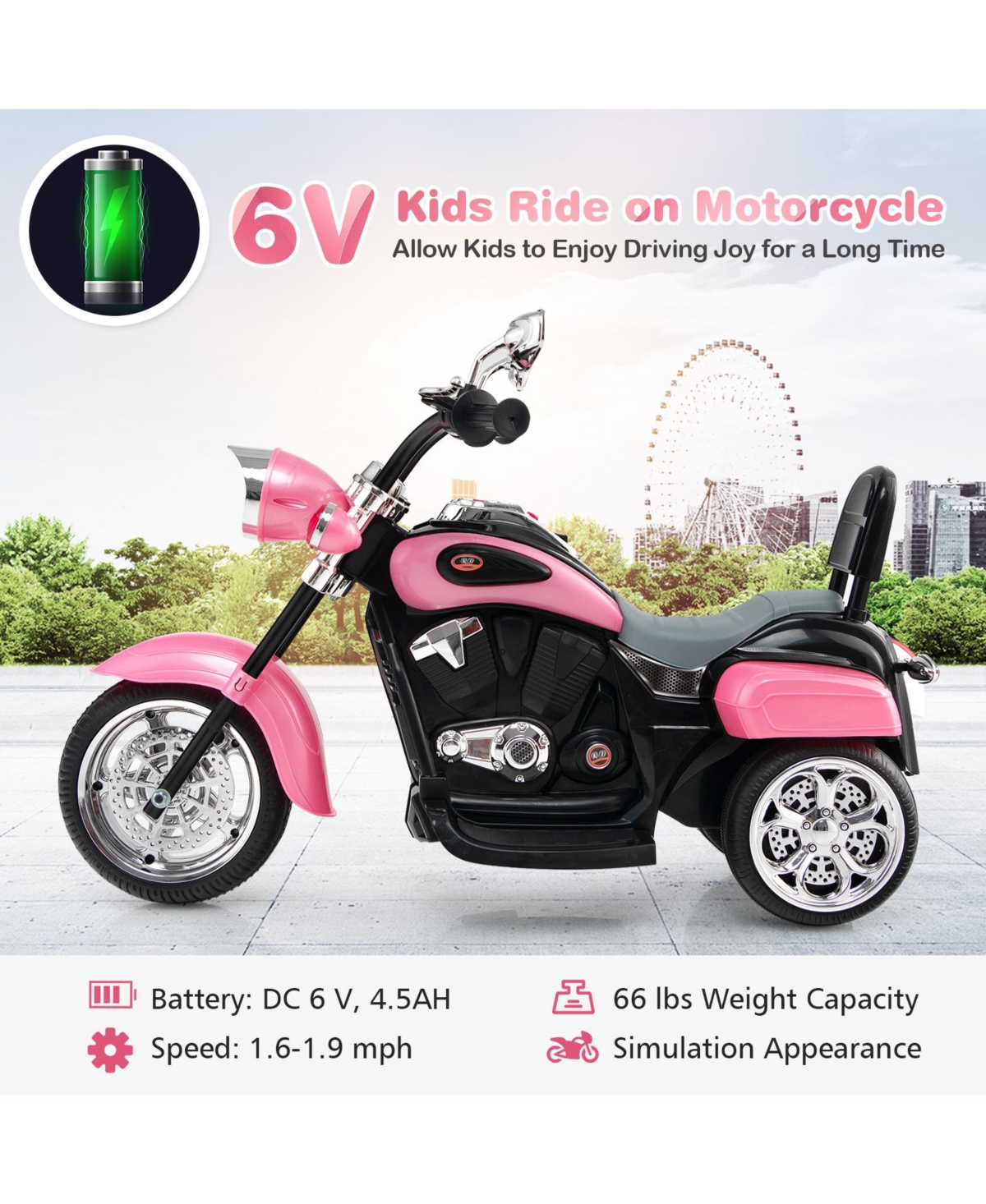 Slickblue 6V Powered Toddler 3-Wheel Motorbike Ride On Toy with Horn and Headlight