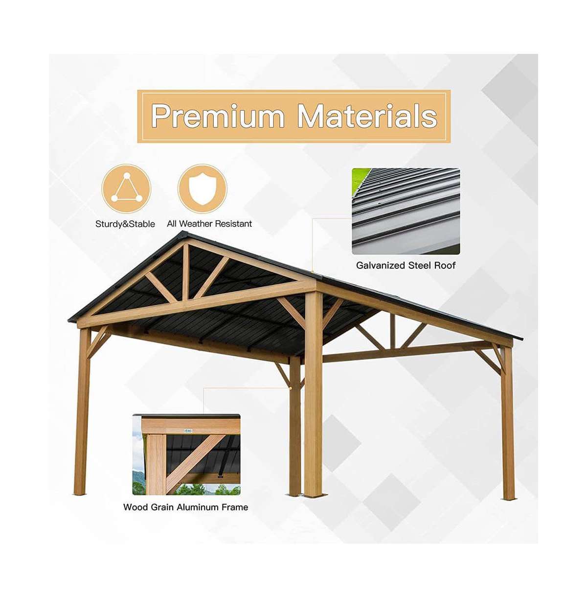 Mondawe Hardtop Gazebo Outdoor Aluminum Gazebo with Galvanized Steel Gable Canopy for Patio Decks Backyard (Yellow-Brown)