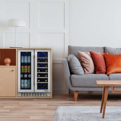 24 Inch Premium Built-in Dual Zone 20 Bottle and 60 Can French Door Wine and Beverage Fridge in Stainless Steel with SplitShelf