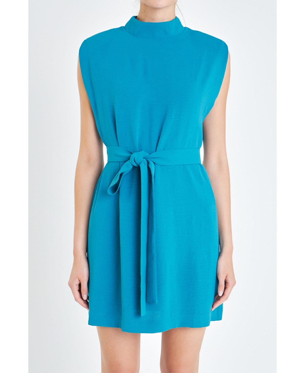 Women's Sleveless Shoulder Pad Shift Dress with Tie - Turquoise