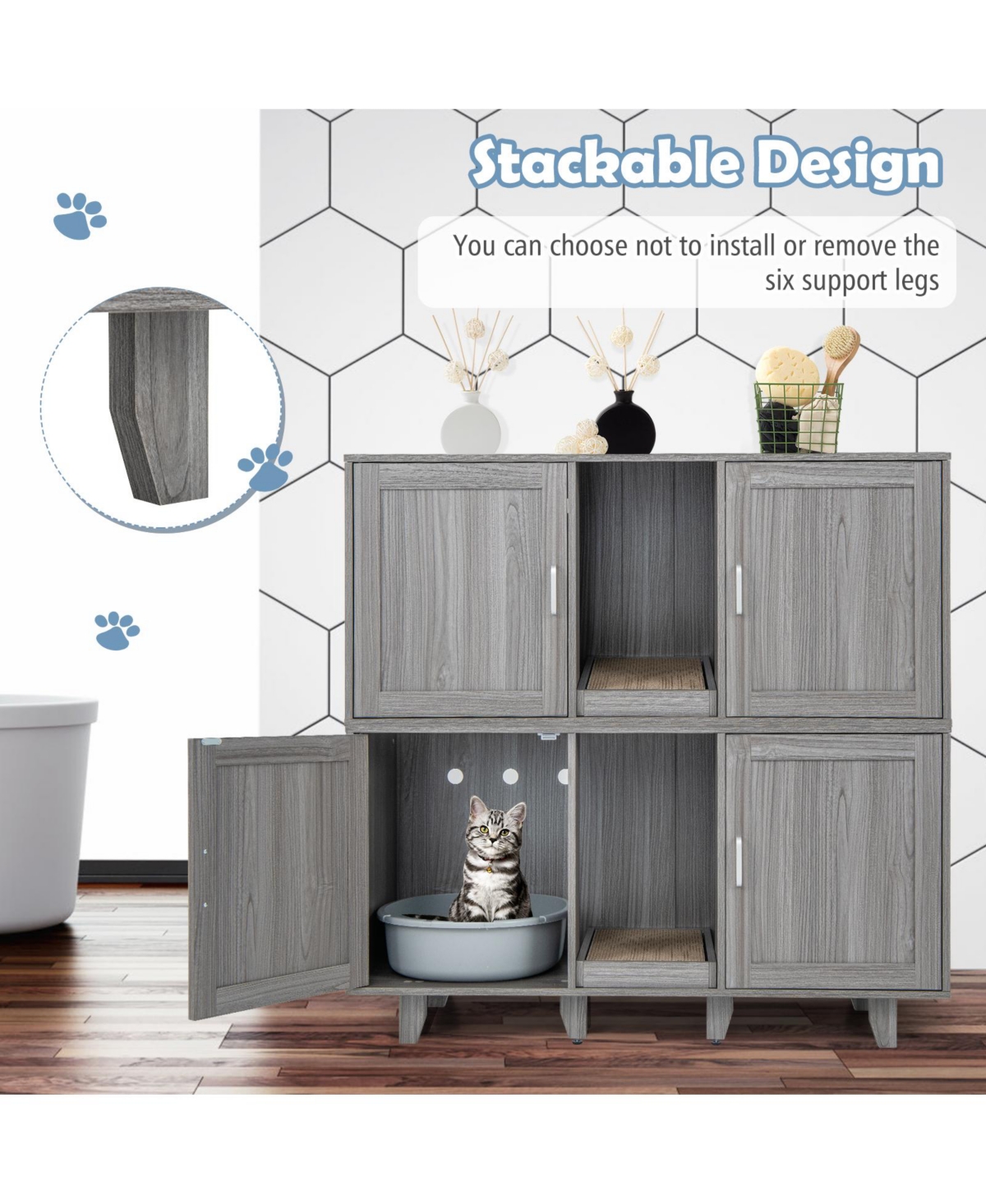 Slickblue 2-Door Cat Litter Box Enclosure with Winding Entry and Scratching Board