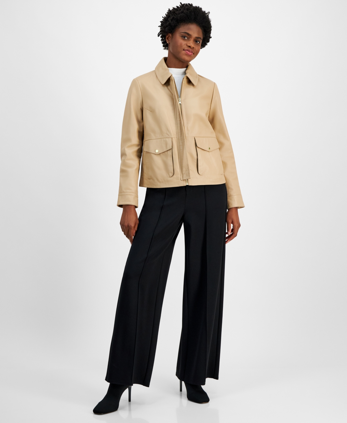 Cole Haan Petite Leather Zip Front Coat