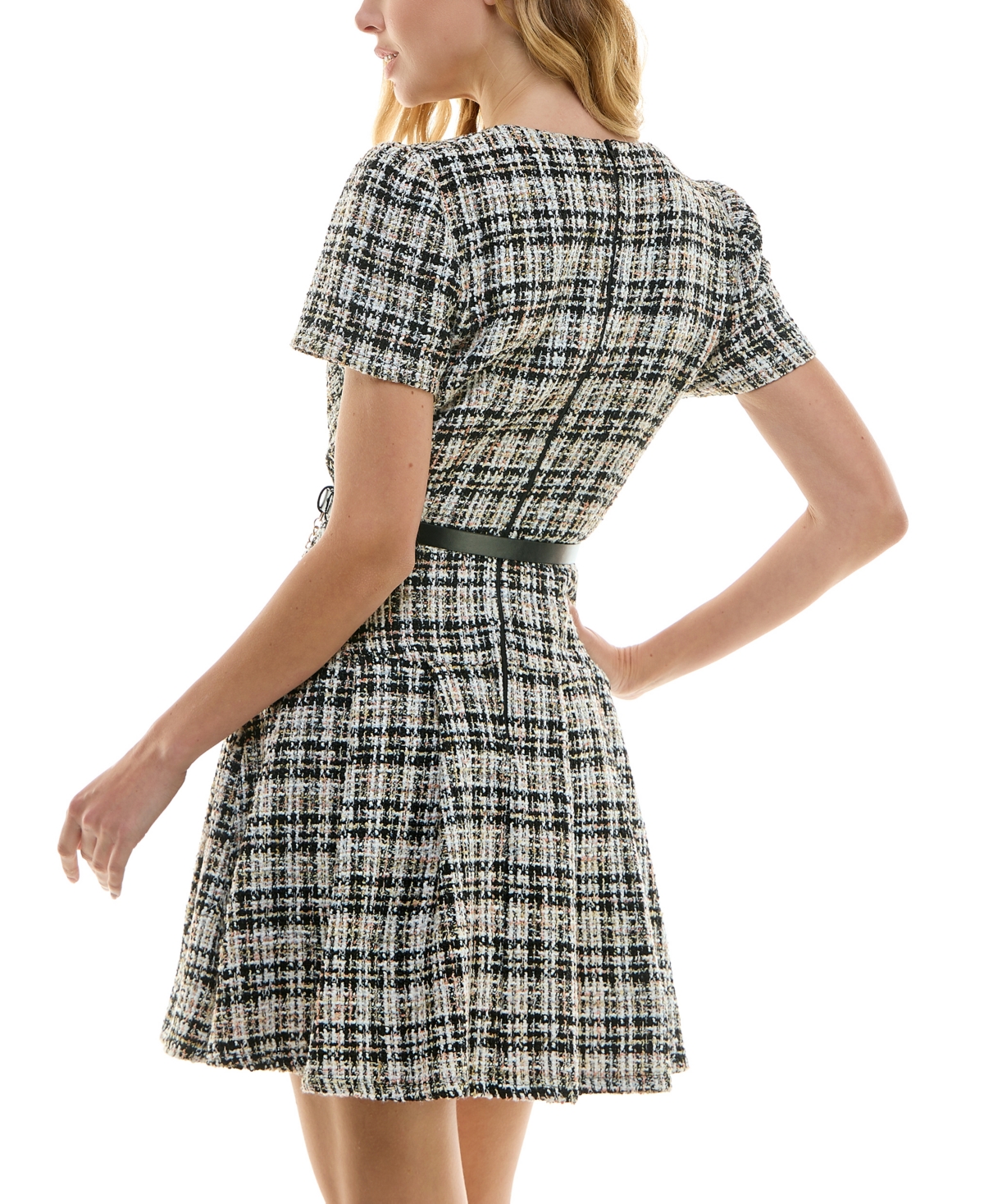 City Studios Juniors' Belted Boucle Fit & Flare Dress -peach