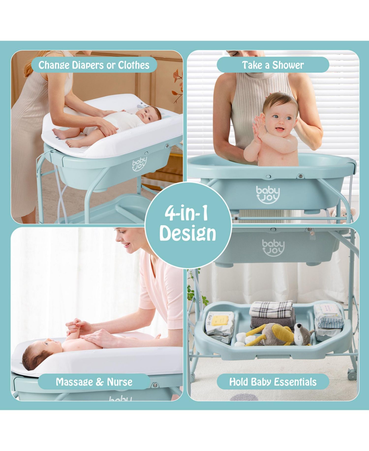 Baby Changing Table with Bathtub, Folding Diaper Station with Wheels