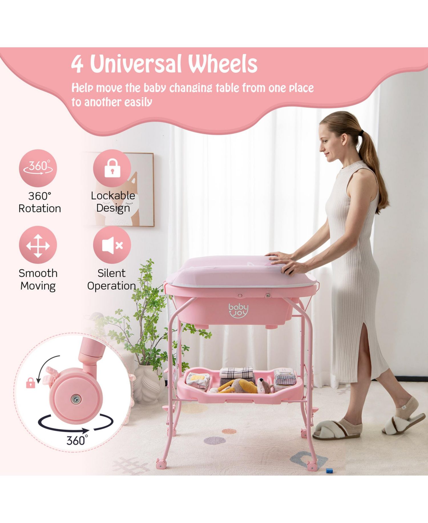 Baby Changing Table with Bathtub, Folding Diaper Station with Wheels