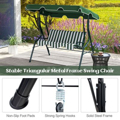 3 Seats Patio Canopy Steel Frame Swing Glider Hammock Cushioned Backyard Green