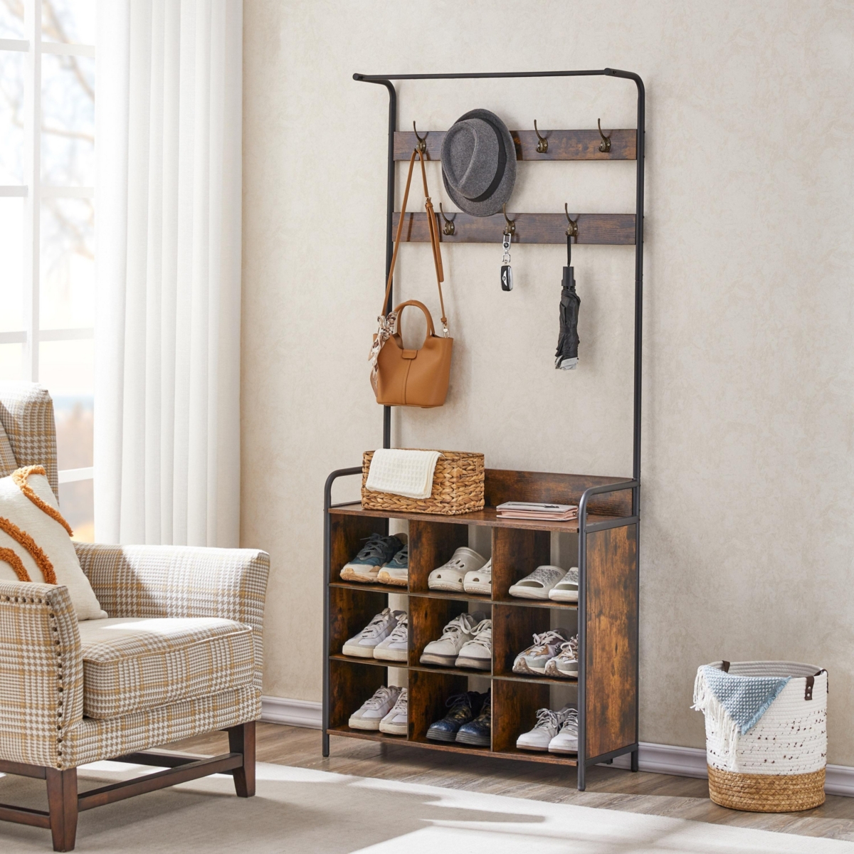 Hall Tree Coat Rack with 7 Hooks and Storage - Antique brown