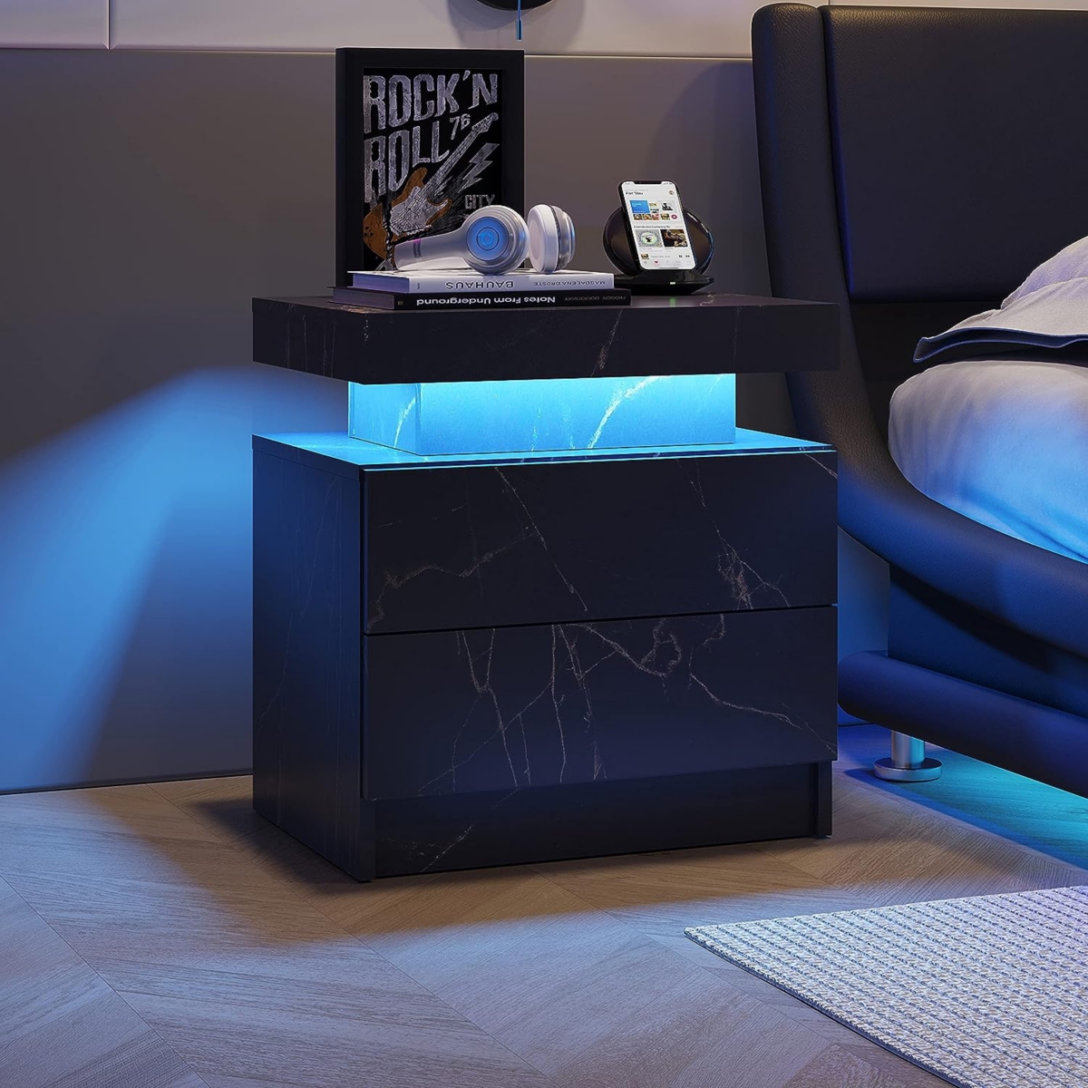 Streamdale Furniture Nightstand Led Bedside Table Cabinet Lights Modern End Side With 2 Drawers For Bedroom (Black Gold) - Black+gold
