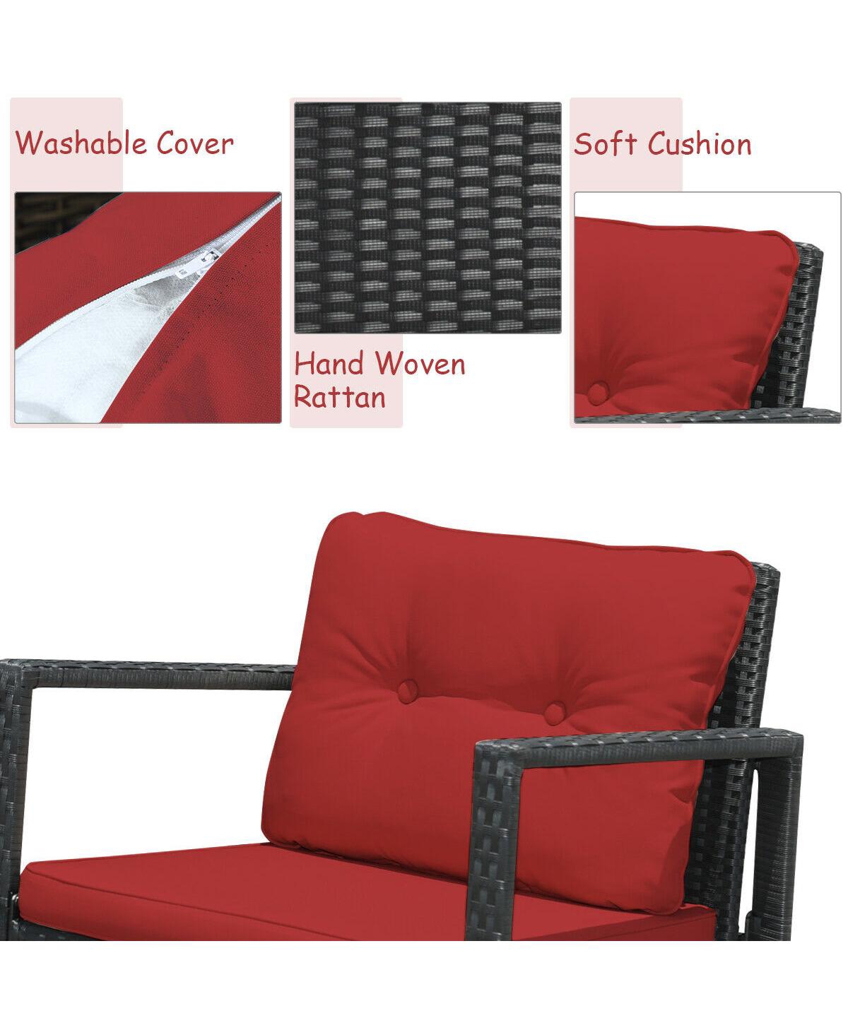 Sugift 3 Pieces Cushioned Patio Rattan Set with Rocking Chair and Table- Red