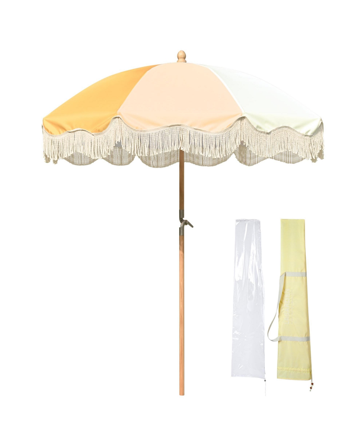 6Ft Fringe Patio Umbrella with Tassels & Carry Bag 50 / 60s Vintage Style Umbrella Wood Yellow,Model: PS6-01 - Yellow
