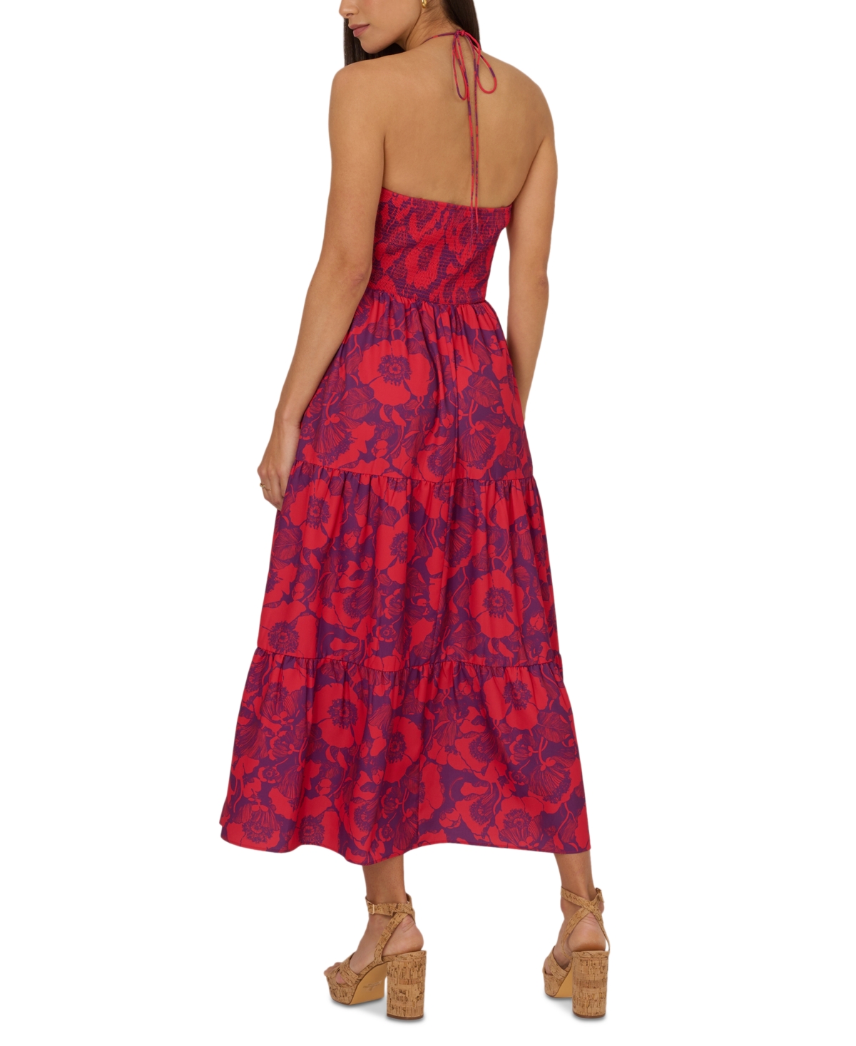 Adrianna by Adrianna Papell Women's Floral Print Halter Sleeveless Midi Dress -Red