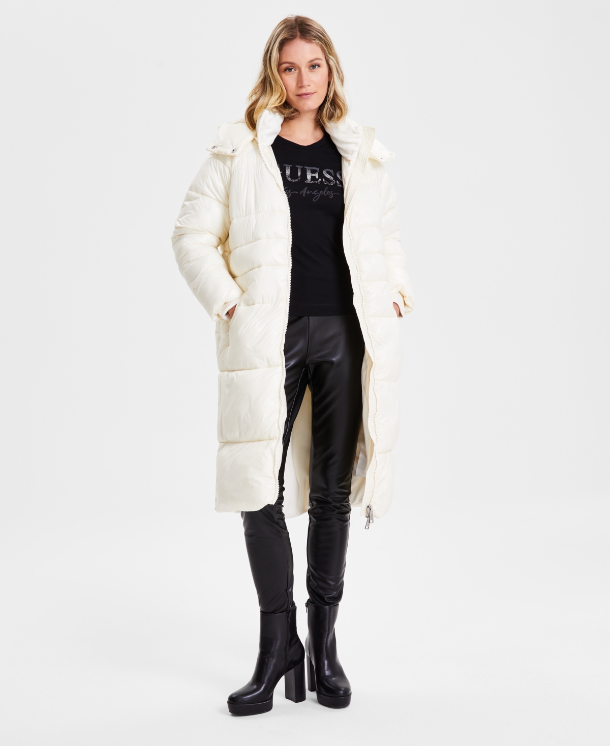 Women's Shine Hooded Mid-Length Puffer Coat - Brown Espresso