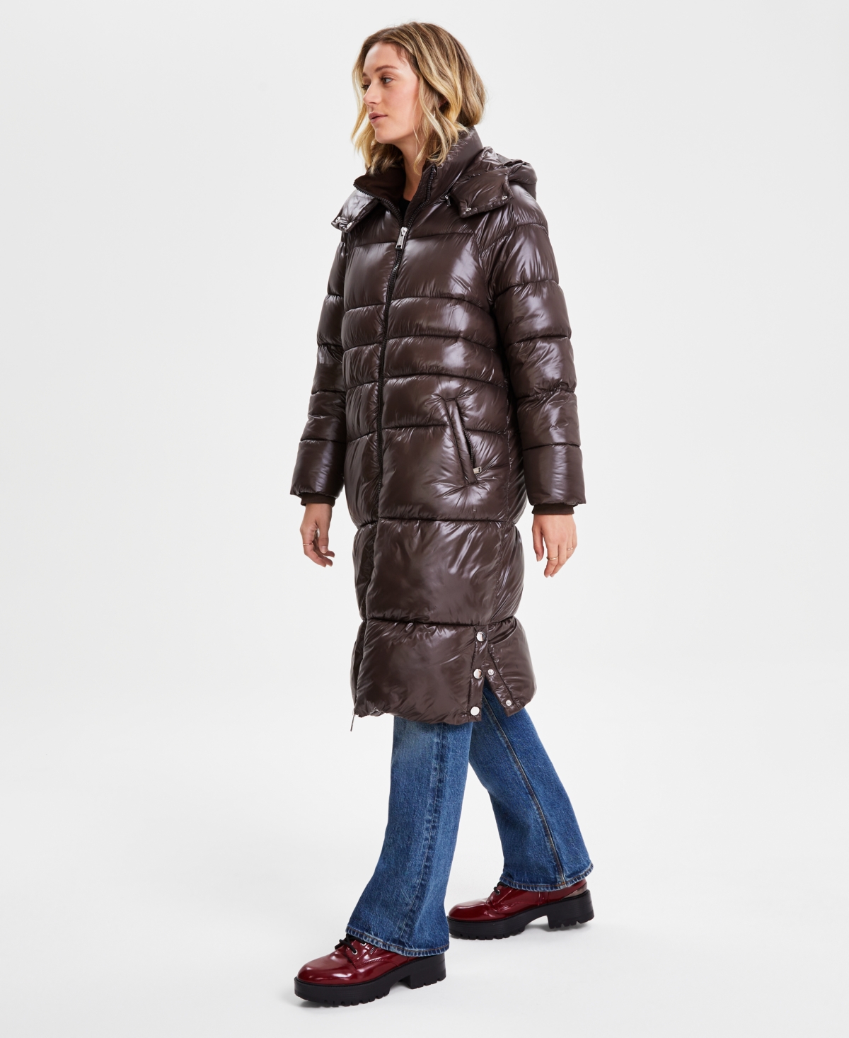 Guess Women s Shine Hooded Mid Length Puffer Coat Brown Espresso Smart Closet