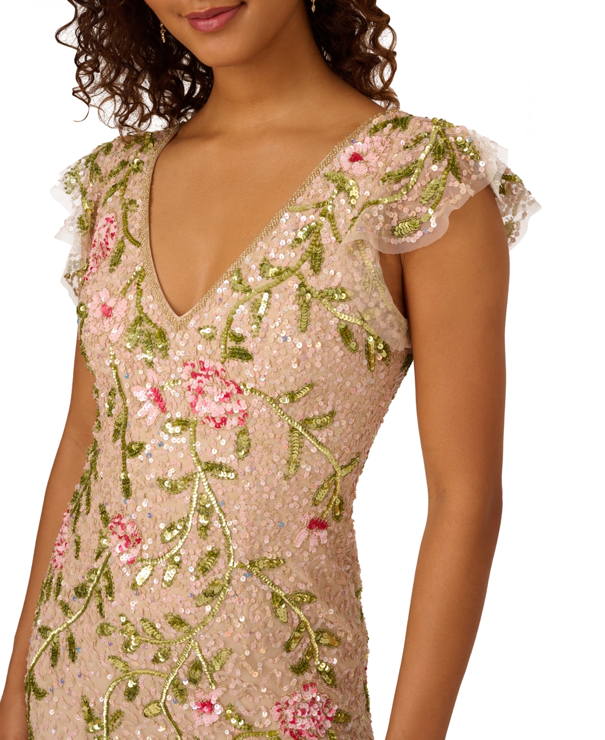 ADRIANNA PAPELL WOMEN'S BEADED MESH FLUTTER-SLEEVE GOWN 