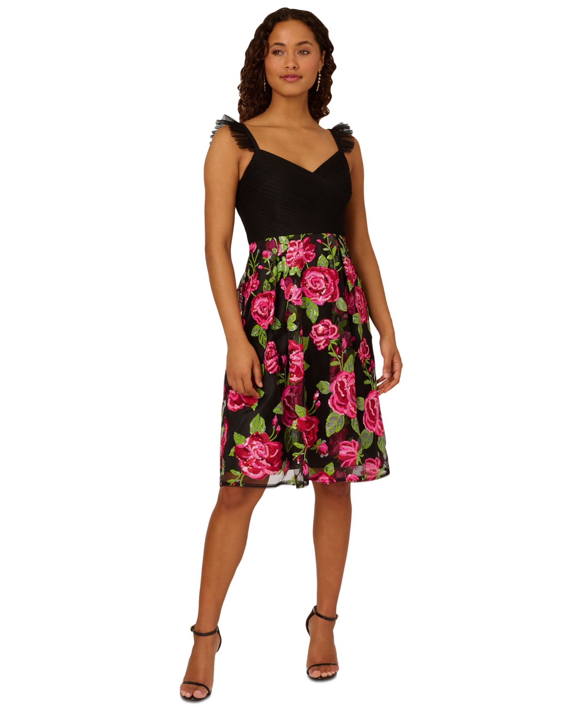 Women's Rose-Embroidered-Mesh Dress - Pink Green Multi