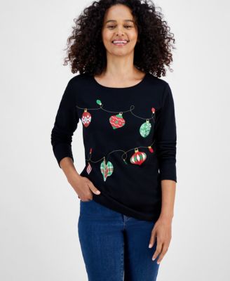 Holiday Lane - Petite Ornament String Long-Sleeve Tee