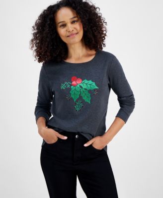 Holiday Lane - Women's  Holly Leaf Long-Sleeve Top, Created for Macy's