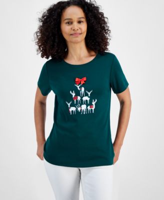 Holiday Lane - Women's  Deer Celebration Short-Sleeve Top, Created for Macy's