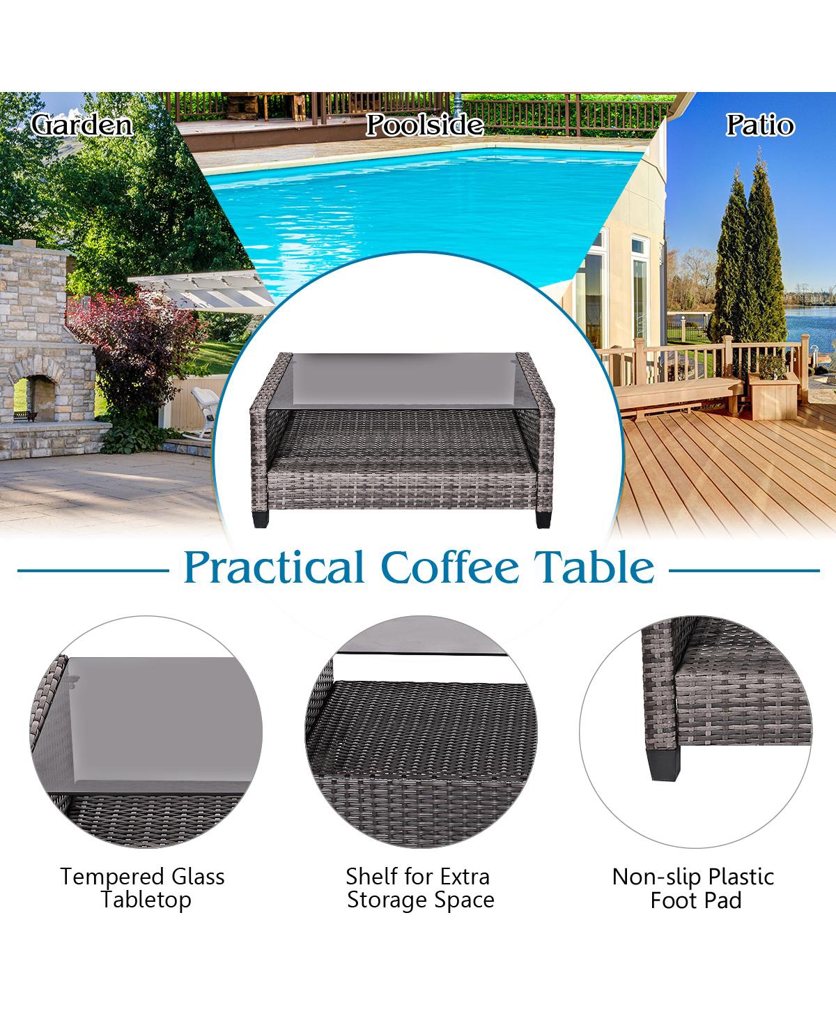 Costway 8 Pcs Patio Rattan Furniture Set Coffee Table Cushioned Sofa Garden Lawn- Navy