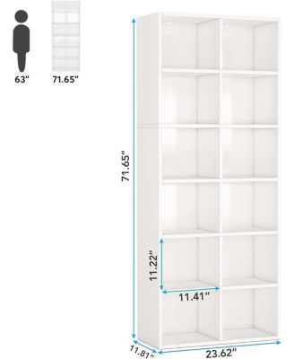 71.65 Inch Tall Narrow Bookcase Bookshelf, White Modern Bookcase with 12 Cube Storage for Home Office, Vertical or Horizontal