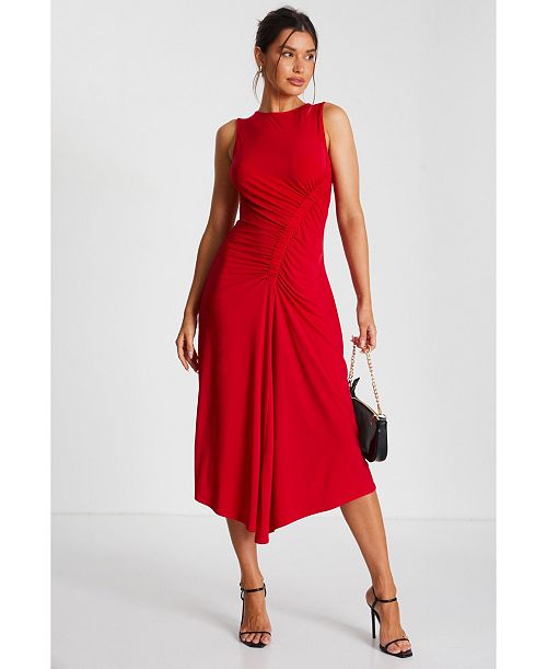 alfani QUIZ Women's ITY Ruched Detail Midi Dress Women's Fashion Shoes & Accessories
