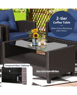 8 PCS Patio Rattan Furniture Set Glass Table Shelf Sofa Cushion Black
