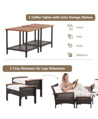 7PCS Patio Rattan Furniture Set Cushioned Loveseat Sofa Ottoman Table