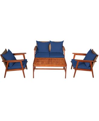 8PCS Patio Rattan Furniture Set Acacia Wood Frame Cushioned Sofa Chair Navy