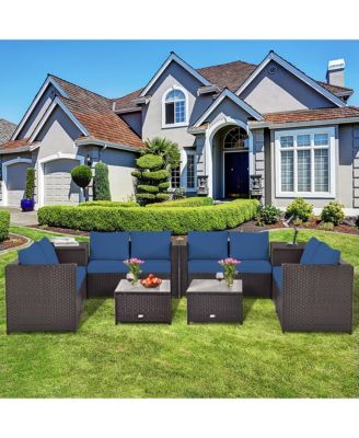 8PCS Outdoor Patio Rattan Furniture Set Cushioned Loveseat Storage Table Navy