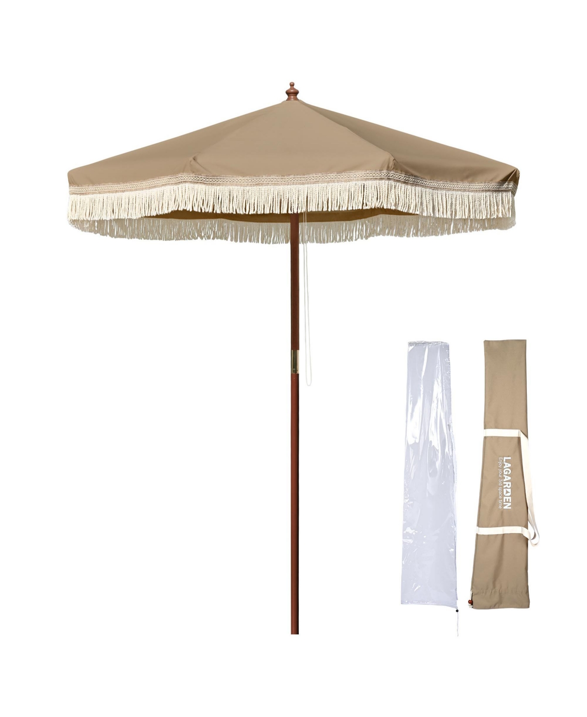 7' Patio Khaki Umbrella with Tassels UPF50+ Boho Style 5-Year-Non-Fading for Yard,Model:BH7W-10P - Khaki with tassels