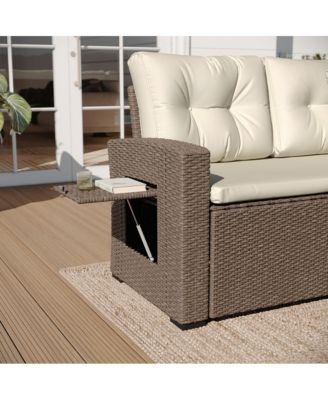 Shelton Indoor/Outdoor L-Shaped Sofa/Dining Table Conversation Set With Wicker Rattan Construction And Weather-Resistant Cushions