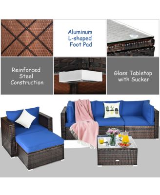 6PCS Patio Rattan Furniture Set Sectional Cushion Sofa Coffee Table Ottoman
