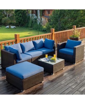 6PCS Patio Rattan Furniture Set Sectional Cushion Sofa Coffee Table Ottoman