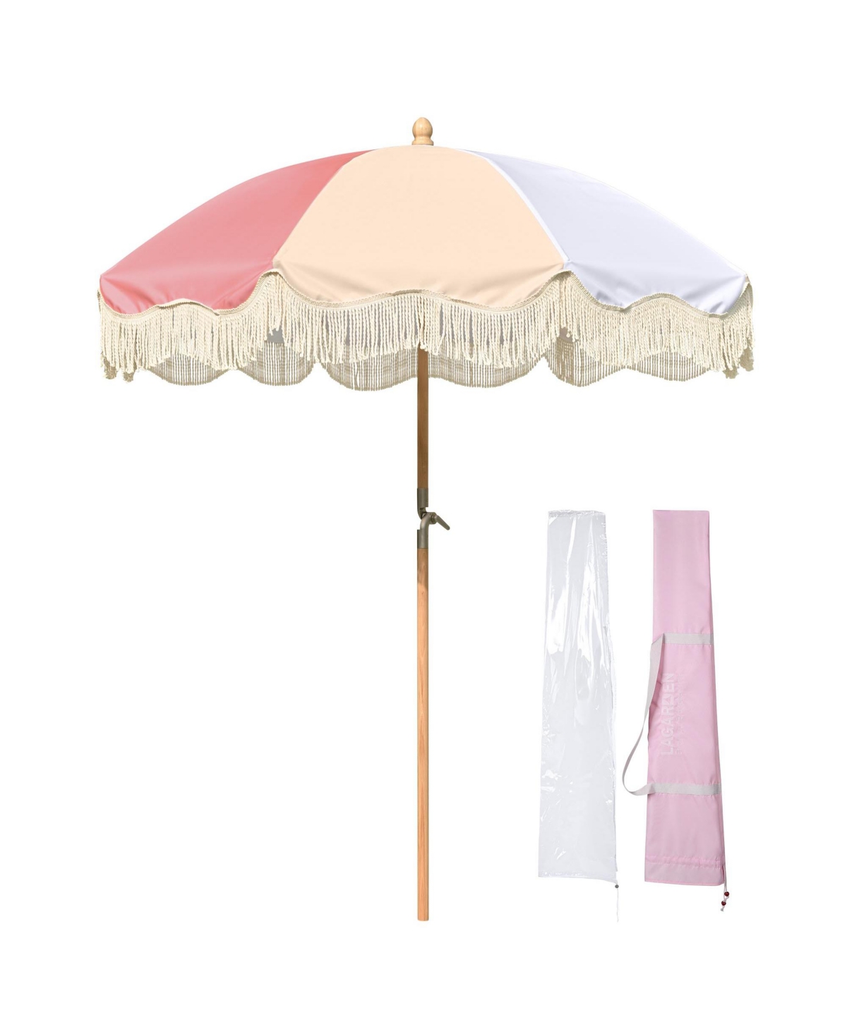 6Ft Fringe Patio Umbrella with Tassels & Carry Bag 50 / 60s Vintage Style Umbrella Wood Pink,Model: PS6-12 - Pink
