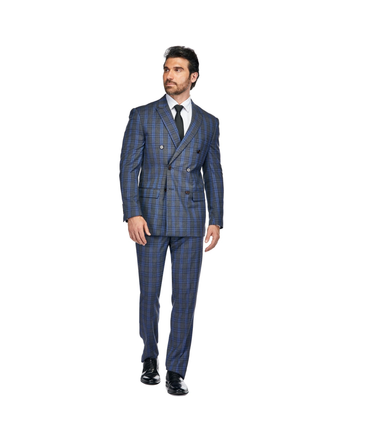 Men's 2-Piece Double Breasted Checked Plaid Slim Fit Suit - Charcoal