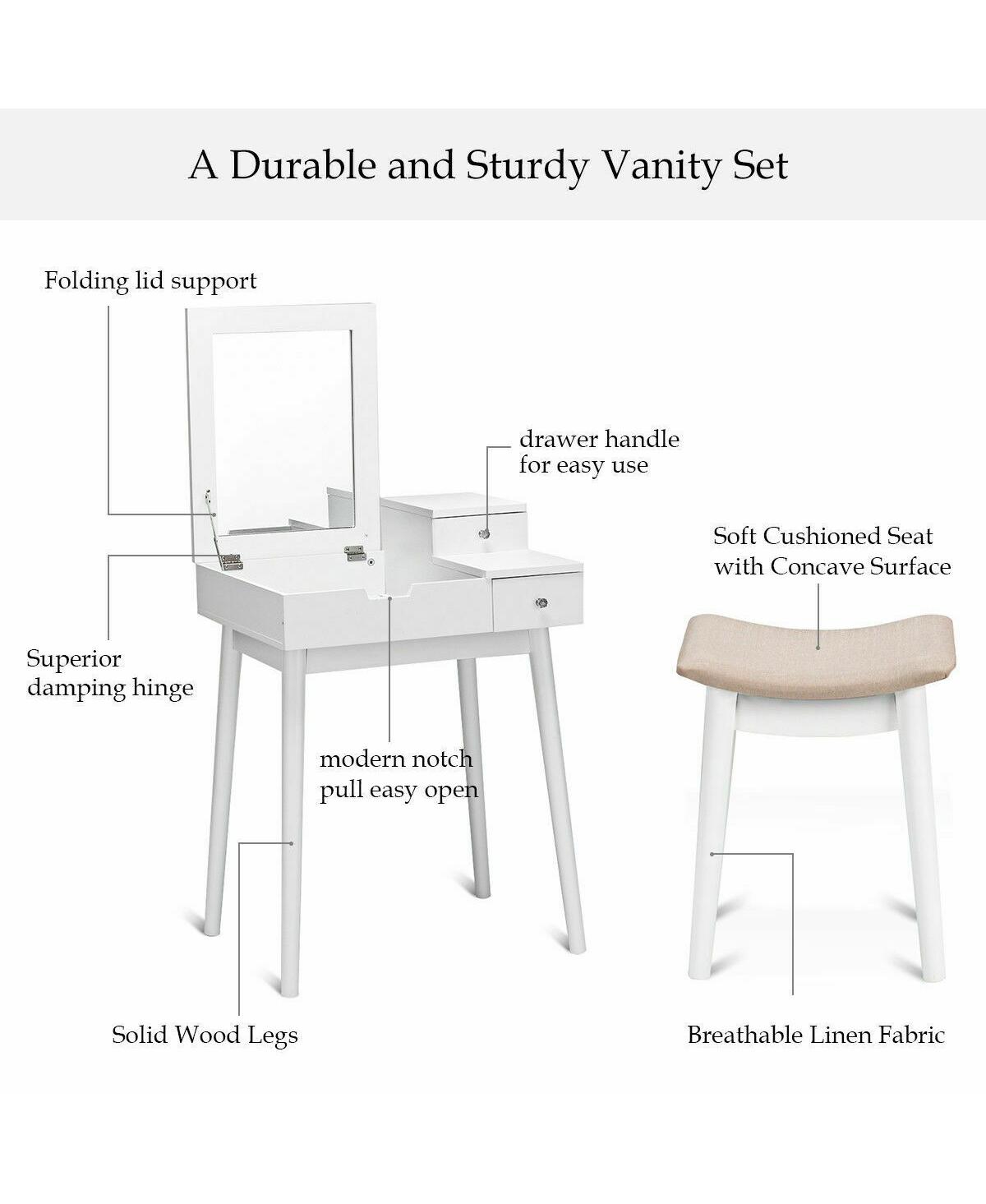 Sugift Vanity Dressing Table Set Flip Mirror Desk Furniture Stool