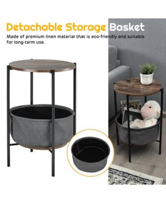Industrial Round End Side Table Sofa Coffee Table w/ Storage Basket&Metal Frame