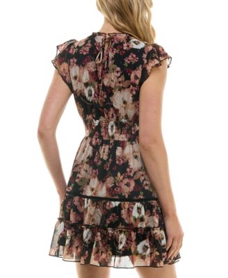 Juniors' Printed Tiered-Ruffle Short-Sleeve Dress