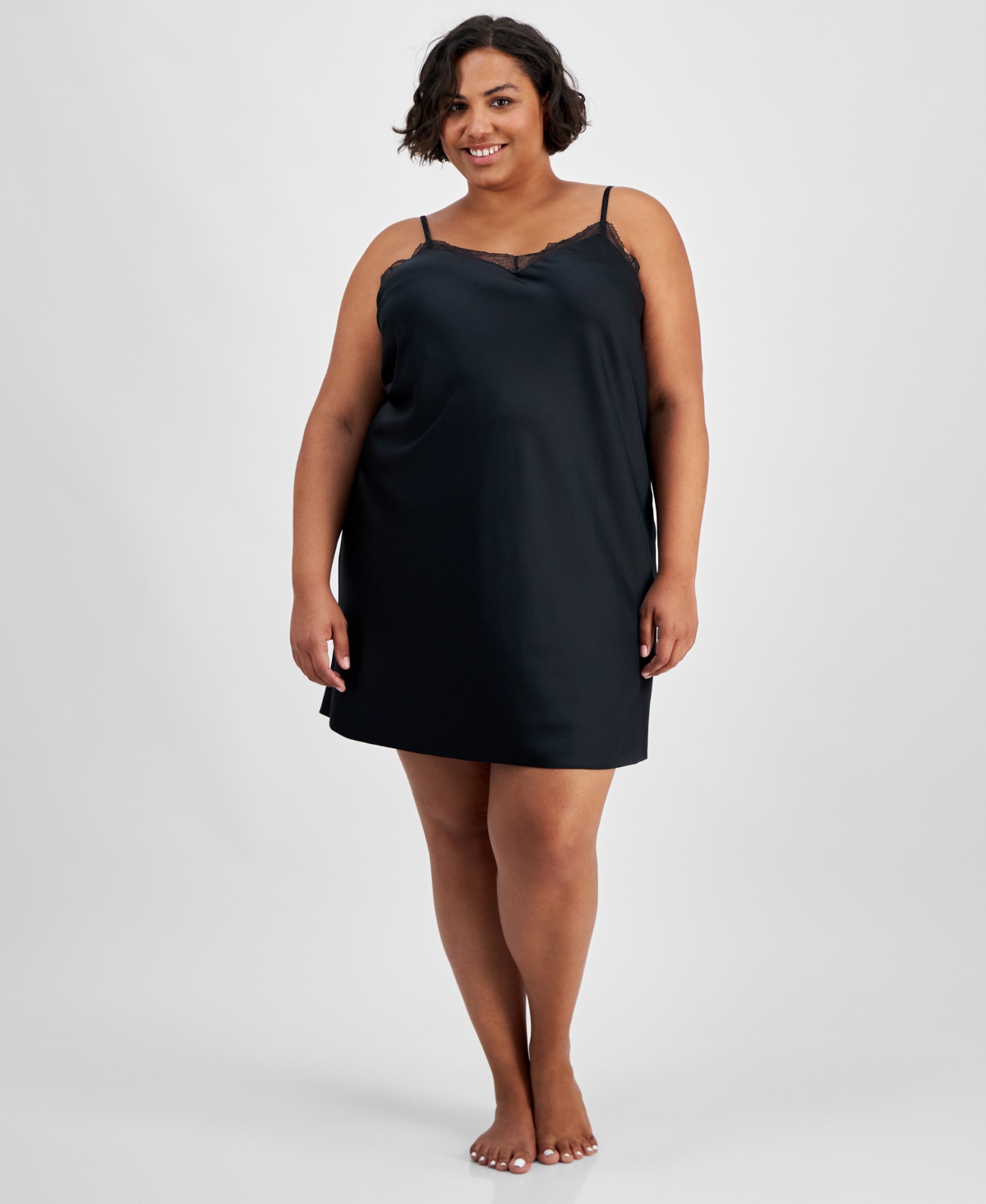 I.n.c. International Concepts Plus Size Lace-Trim Satin Chemise, Created for Macy's