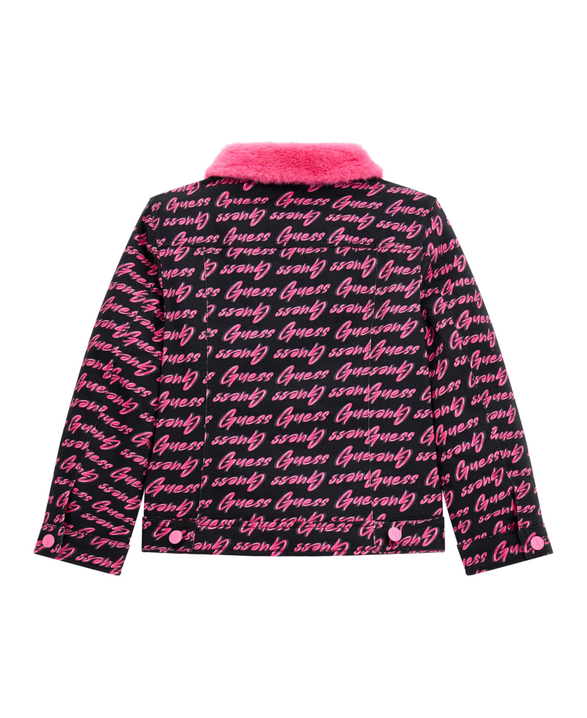 Guess Big Girls Denim Jacket with Faux Fur Collar and Lining - Black And Pink Multi