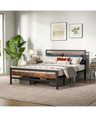 Queen Industrial Bed Frame with Rustic Headboard and Footboard-Queen Size