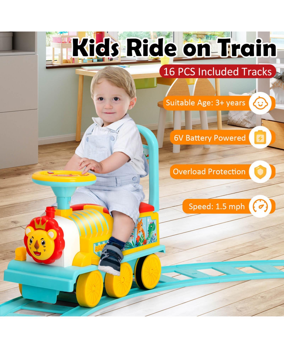 Sugift 6V Electric Kids Ride On Car Toy Train with 16 Pieces Tracks