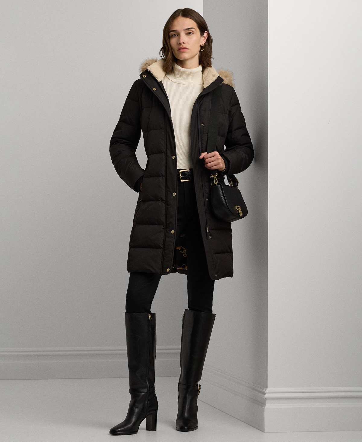 Lauren ralph lauren double breasted belted faux fur trim puffer coat discount