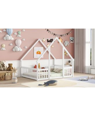 Full Wood House-Shaped Floor Bed with Fence, Guardrails, White