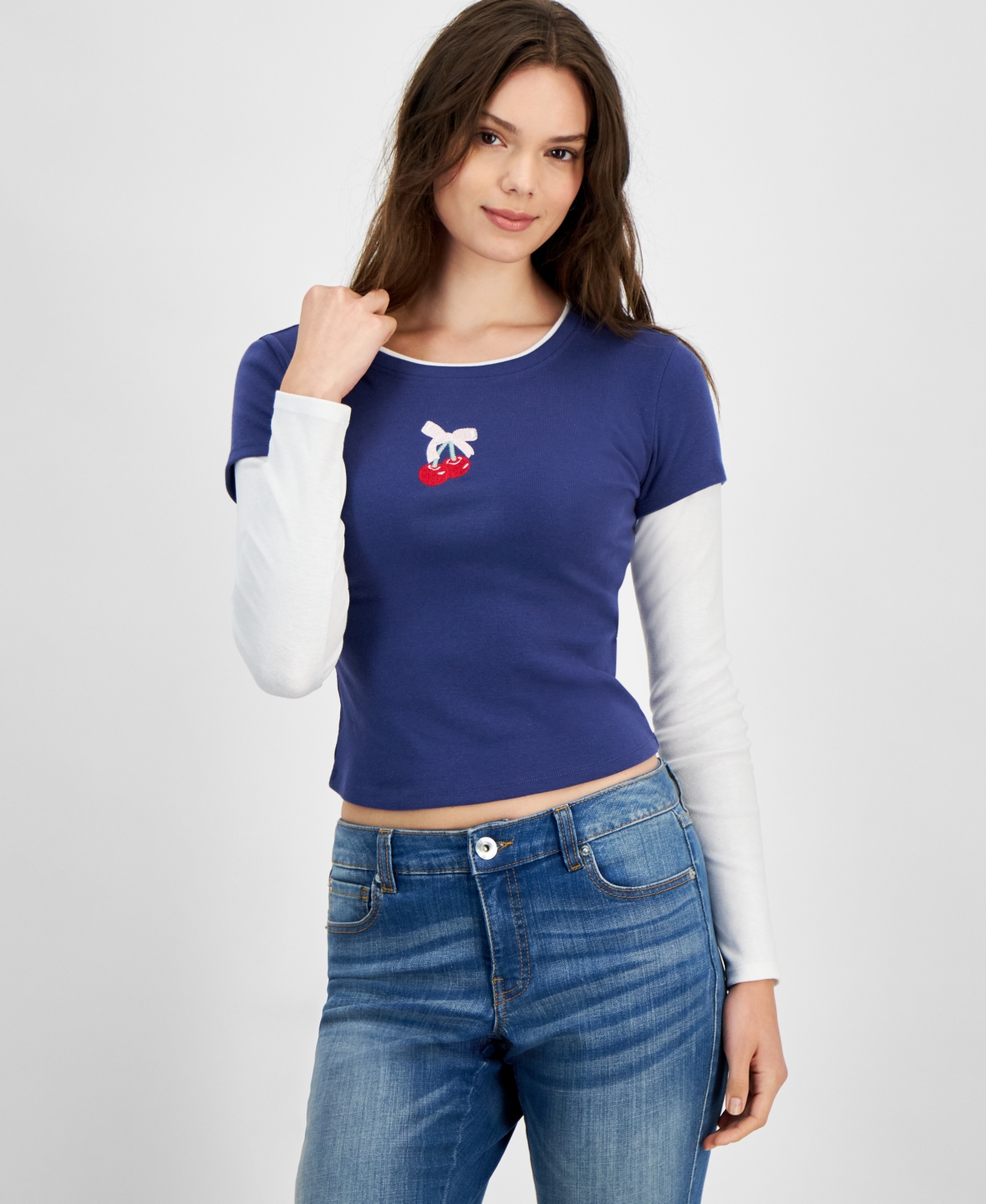 Hippie Rose Juniors' Graphic Faux Two-fer Crewneck Long Sleeve In Navy Cherry