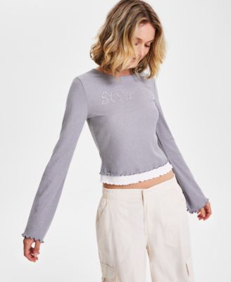 Planet Heart - Juniors' Embellished Bell-Sleeve Lettuce Edge Top