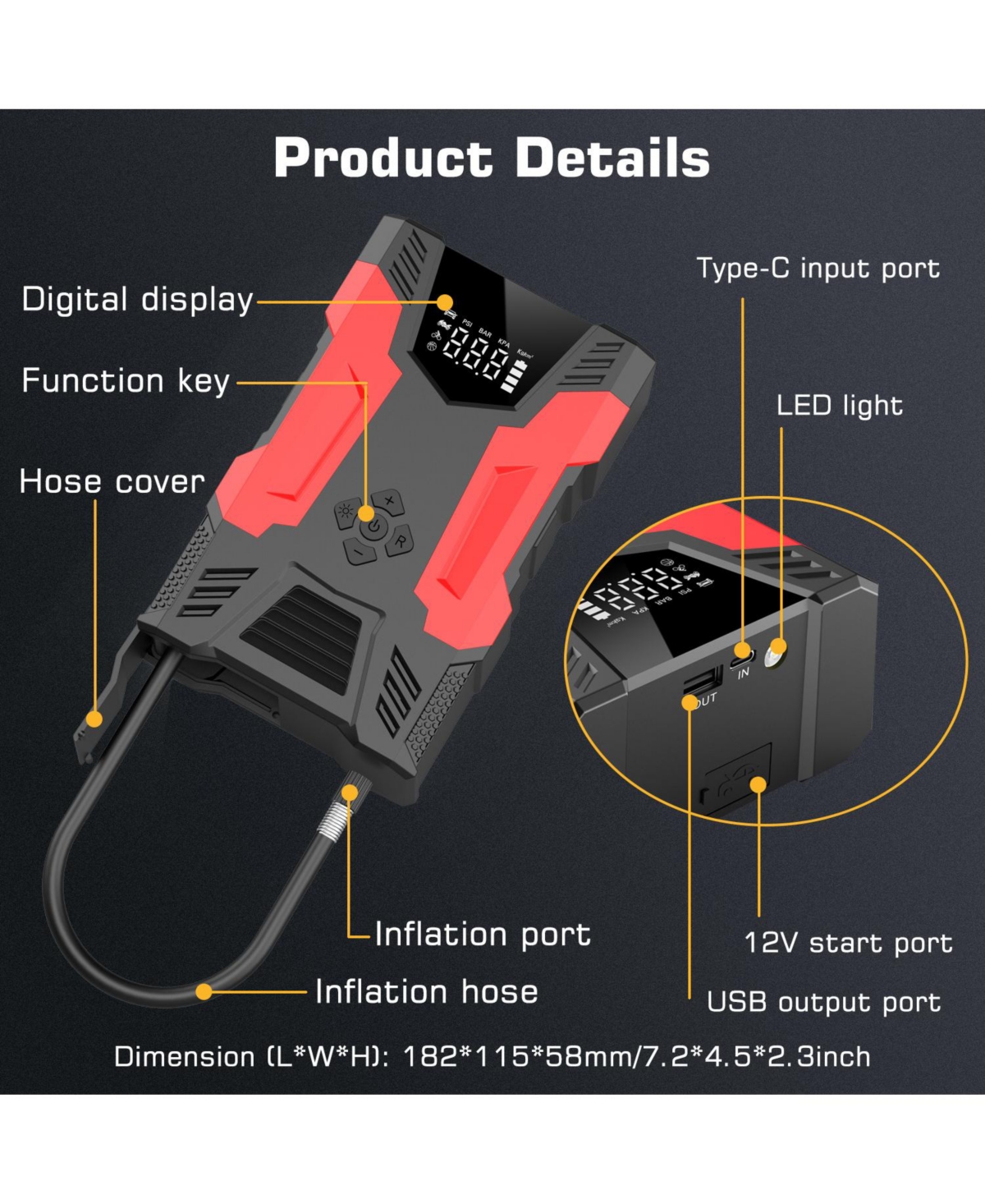 Alpha Digital Car Jump Start & 150PSI Tire Inflator: 3000A Peak- 7L Gas/5L Diesel