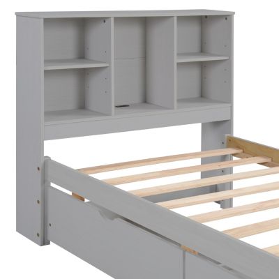 Modern Twin Bed Frame with USB, Headboard Bookcase & Drawers