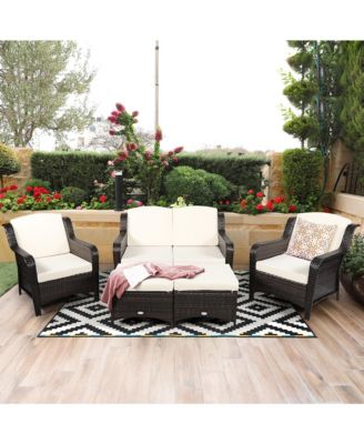 5PCS Patio Rattan Furniture Set Loveseat Sofa Ottoman